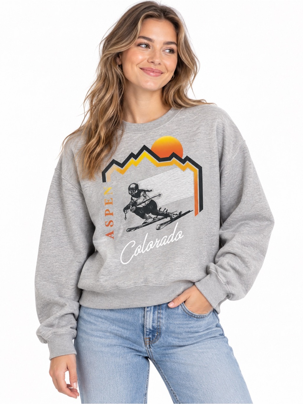 Wound Up Gray Aspen Colorado Graphic Crewneck Sweatshirt with Orange Accent